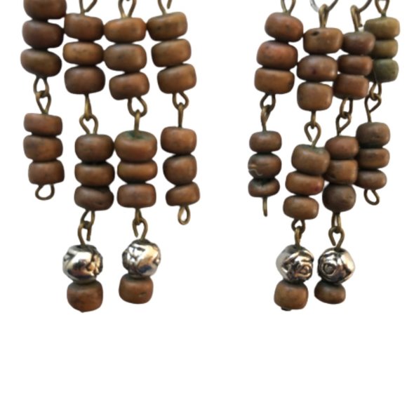 Vintage Brown Silver Wood Stud Dangle Earring - Picture 6 of 7